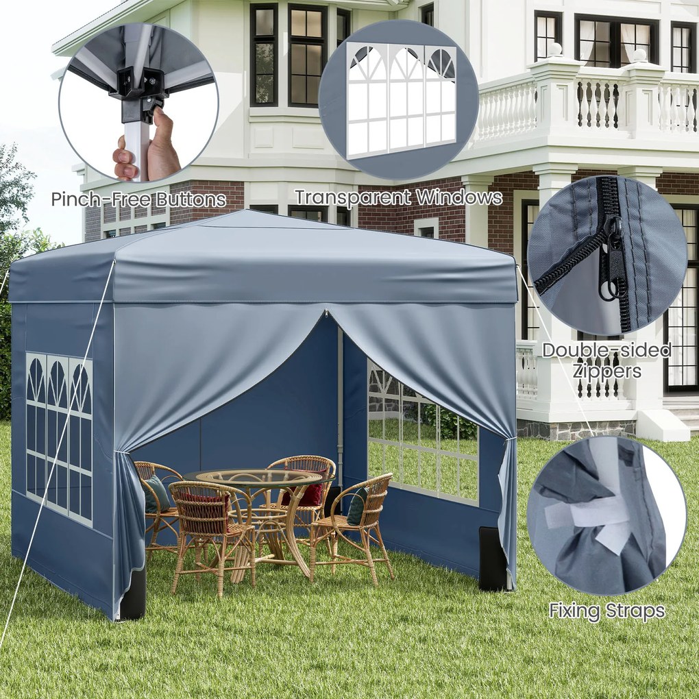 Tenda jardim, feiras, eventos Pop-up Dobrável 290 x 290 cm com 4 paredes laterais removíveis e altura ajustável - Cinza