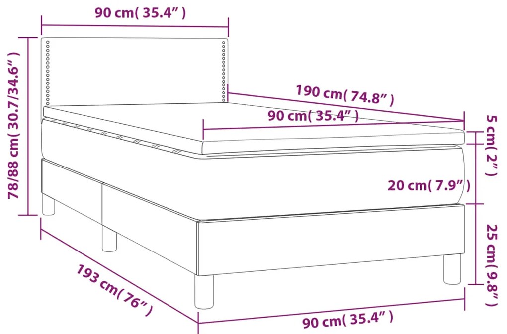 Cama box spring c/ colchão/LED 90x190cm couro artificial branco