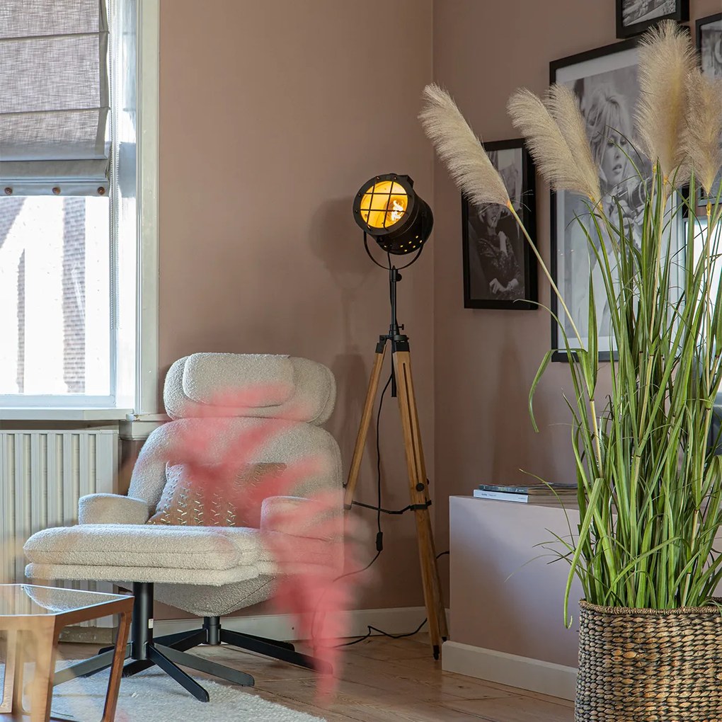 Candeeiro de pé de estúdio tripé preto com madeira - Shiny