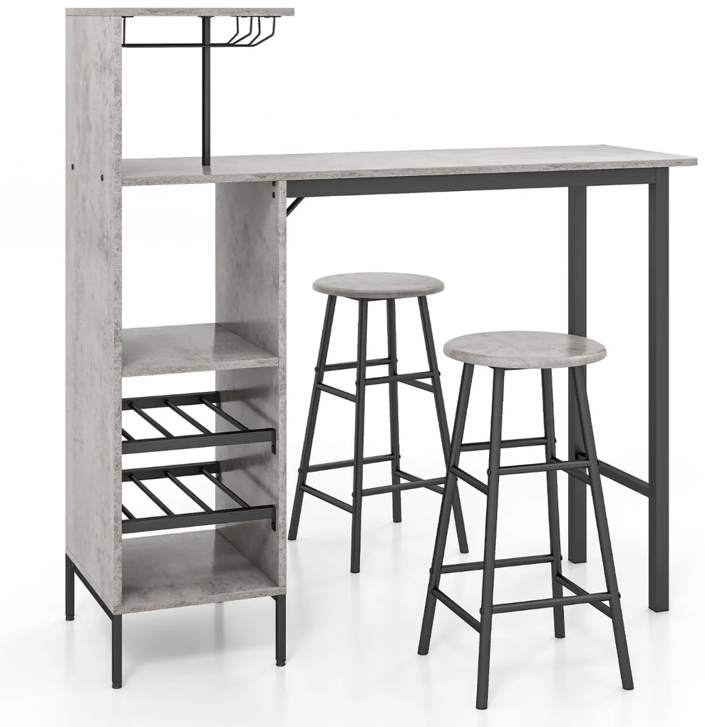 Conjunto de 3 peças de mesa e cadeiras de bar, mesa industrial e bancos com porta-copos, prateleiras para sala de jantar, cozinha Cinzento