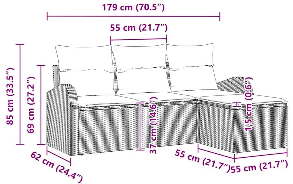 Conjunto de Sofá de Jardim de 4 Peças com Almofadas Bege em Rattan Sin
