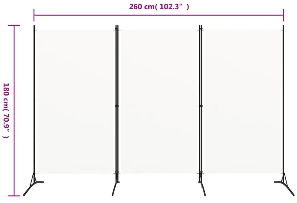 Divisória de quarto com 3 painéis 260x180 cm tecido branco