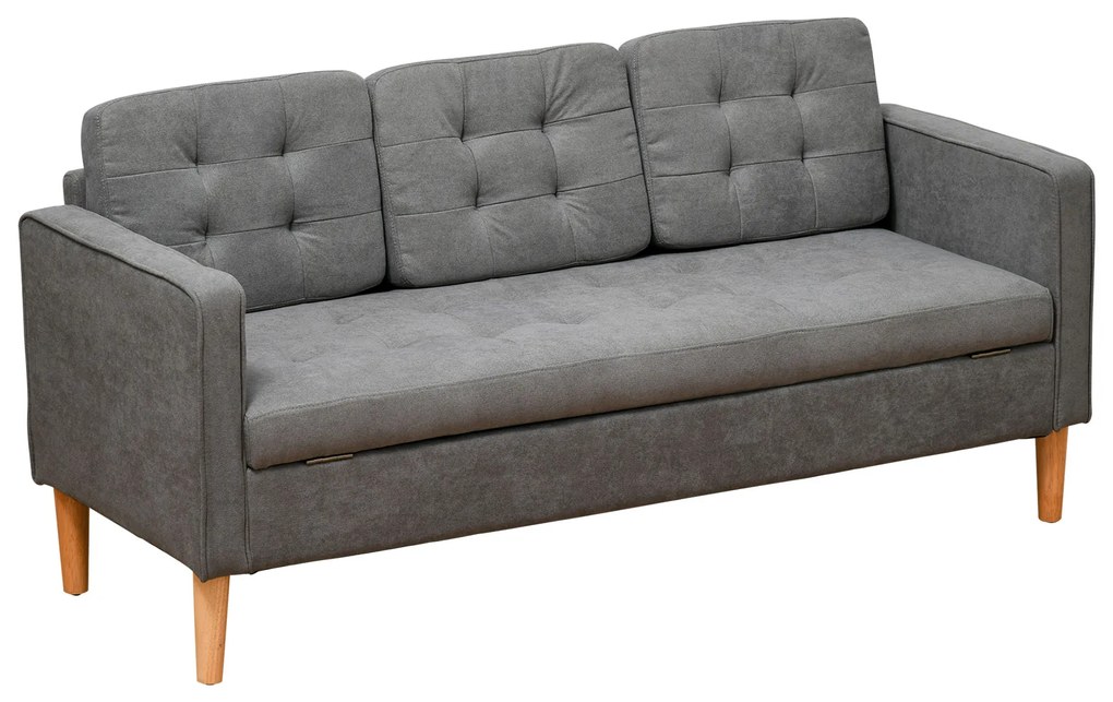 HOMCOM Sofá de 3 lugares acolchoado com 3 almofadas e apoios de braço Espaço de armazenamento Estilo moderno para sala de estar Quarto 166,5x62x82 cm cinza