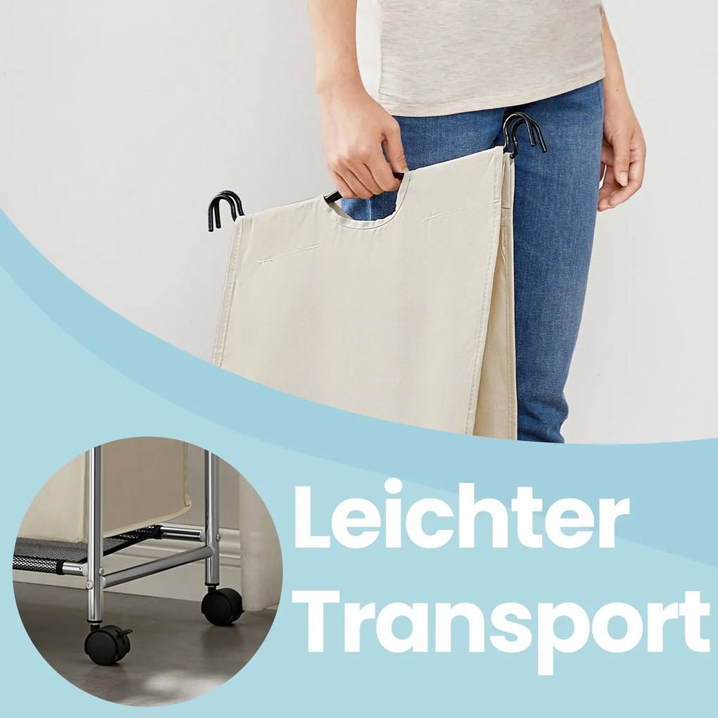 Cesto para roupa suja com rodas, 4 x 35 L, com 4 sacos removíveis 87,5 x 38,5 x 67/81 cm Bege