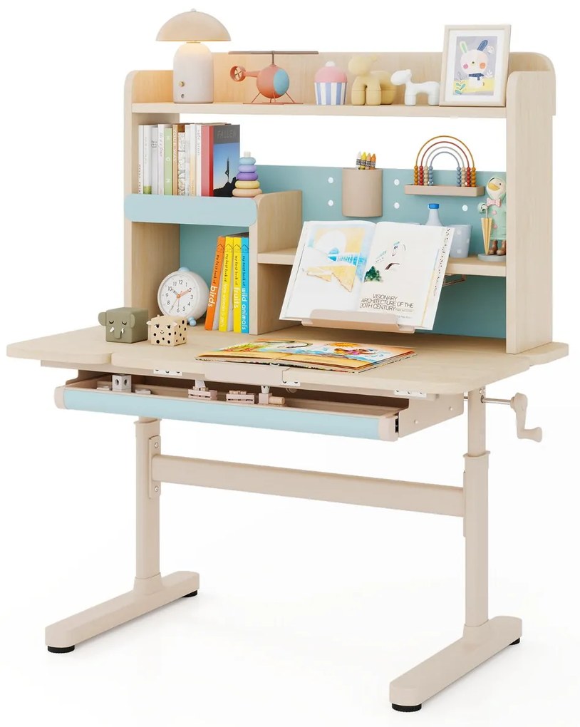 Secretária infantil 100 x 60 x 111-135 cm com estante e gaveta em altura com superfície inclinável Prateleiras Atril e porta-lápis azul