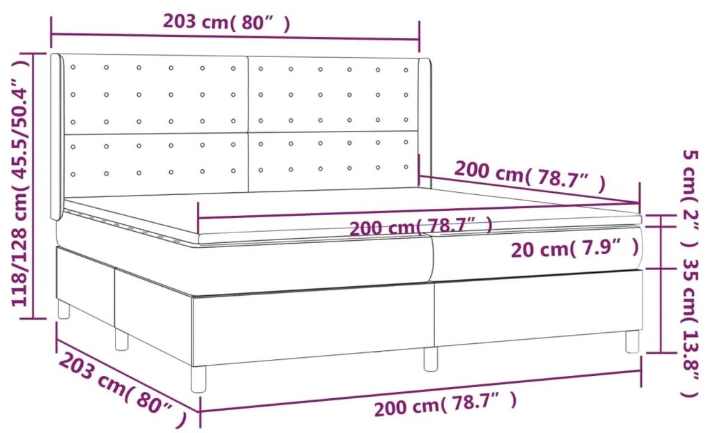 Cama box spring c/ colchão/LED 200x200cm veludo cinzento-escuro