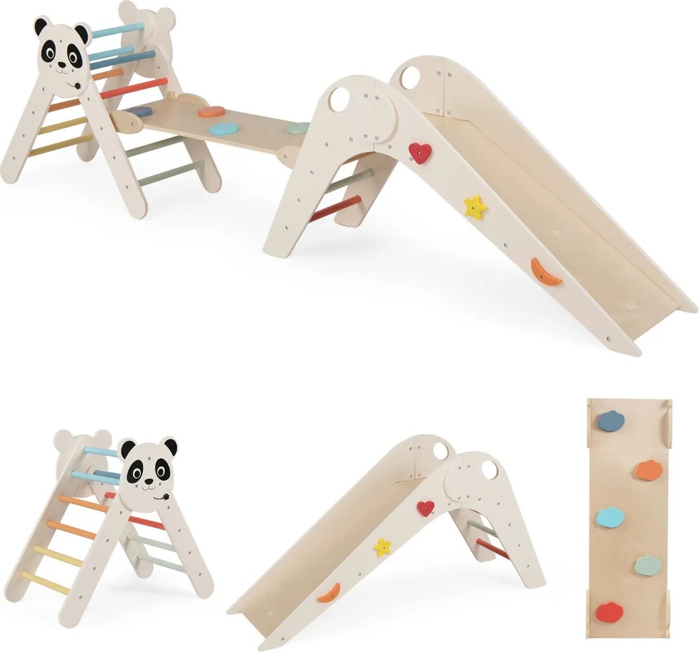 Parque dobrável para escalada para crianças Montessori de escalada em madeira com tema de panda Ginásio interior com escorrega bege