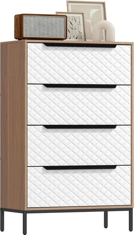 Cómoda com 4 Gavetas de Tecido Frentes com Padrão de Diamante Móvel de Arrumação 59,5,5x30x92,5 cm Madeira e Branco