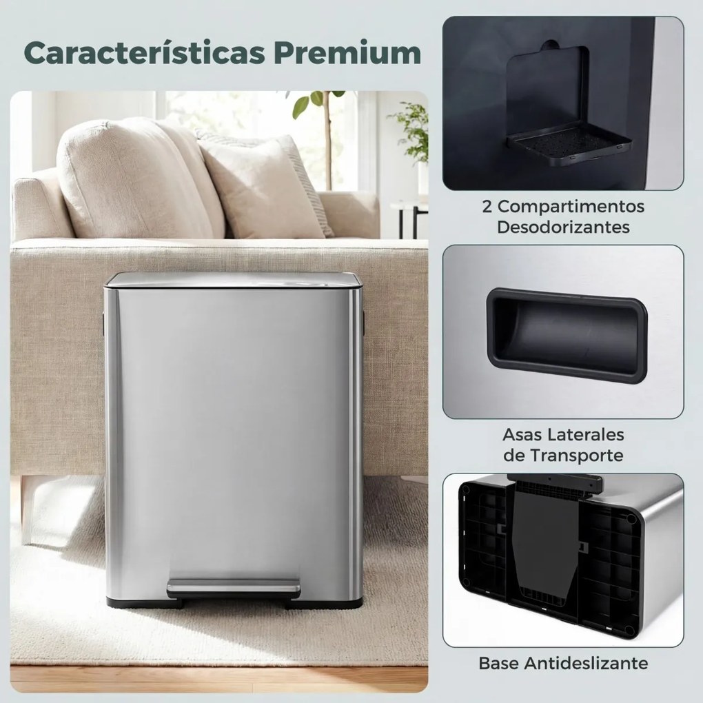 Cubo do lixo de 60 L para cozinha 54 x 34 x 67 cm com 2 compartimentos, tampa com pedal e alças laterais Prata