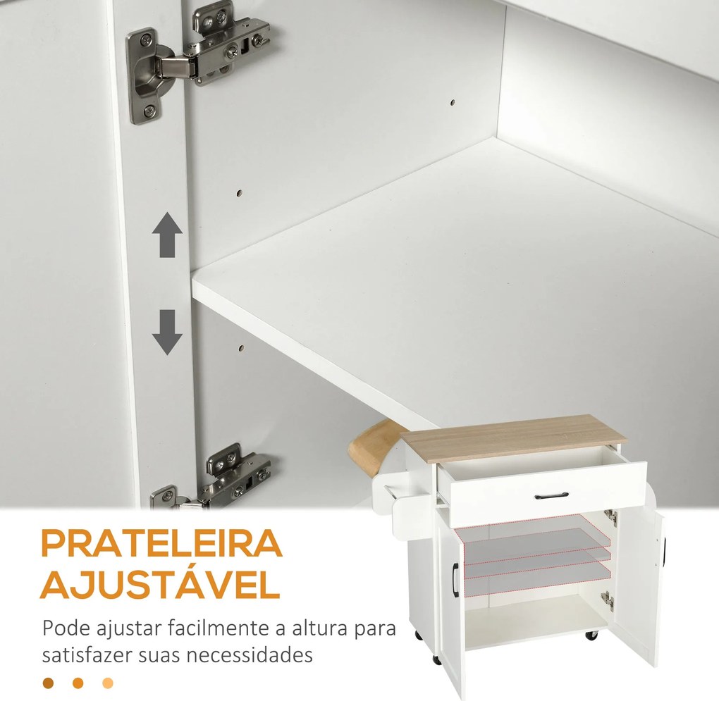 Carrinho de Cozinha com 1 Gaveta 2 Portas Suporte para Panos e Especie