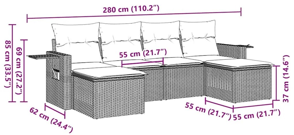 6 pcs conjunto de sofás jardim c/ almofadões vime PE castanho