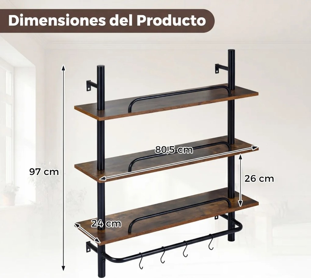 Prateleiras suspensos de parede com luzes 80,5 x 24 x 97 cm, controlo remoto via app, em tubos industriais, 3 níveis, com 4 ganchos em forma de S, Cas
