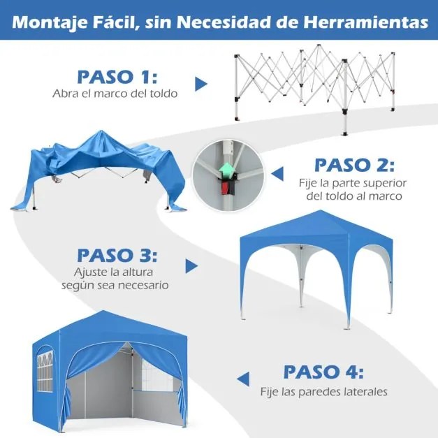 Tenda Jardim, festas, eventos de 3 x 3 m com 4 x sacos de areia e 4 paredes laterais removíveis Inclui bolsa de transporte com rodas 8 estacas Azuis