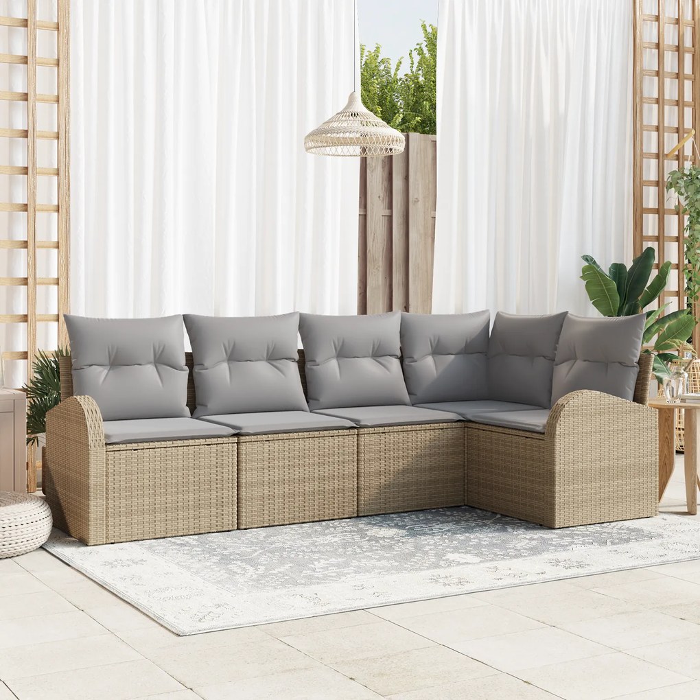 Conjunto de Sofá de Jardim vidaXL 5 Peças com Almofadas Bege de Rattan