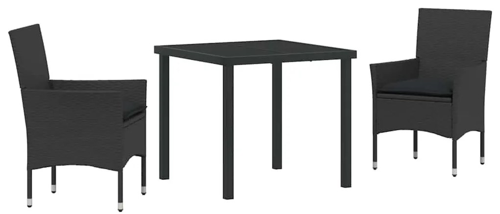 Conjunto de Jantar de Jardim em 3 Peças com Almofadas Pretas em Rattan