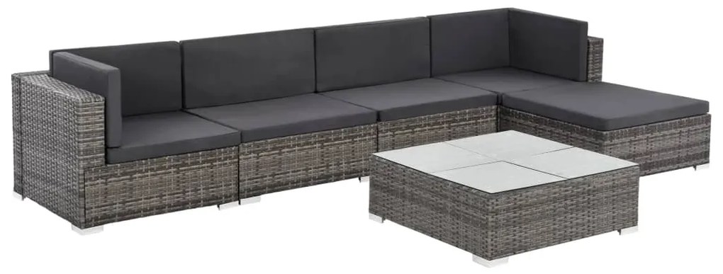 6 pcs conjunto lounge de jardim c/ almofadões vime PE cinzento