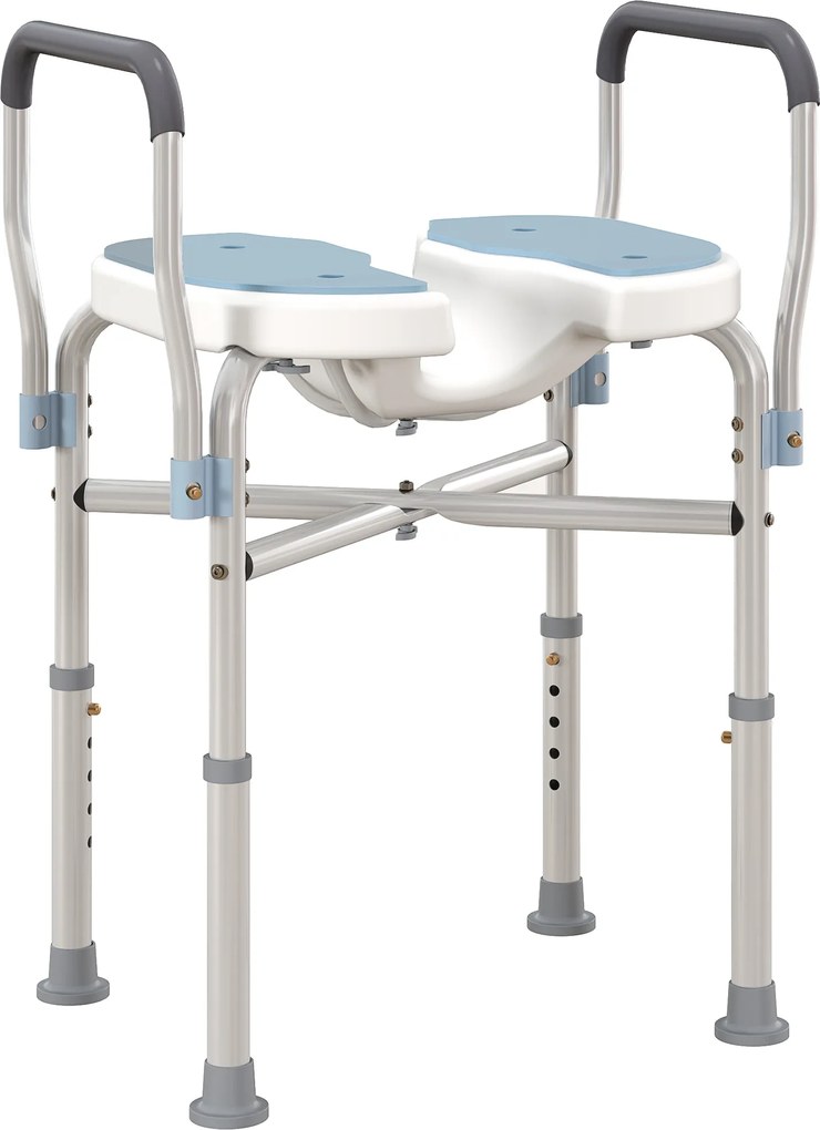 Cadeira de duche com braços 53 x 36 x 64-75 cm, assento em forma de U, altura ajustável, antiderrapante, azul claro