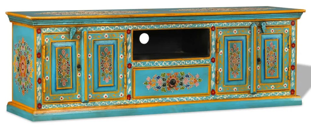 vidaXL Armário TV madeira mangueira maciça azul, pintado à mão