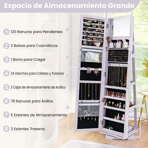 Armário para joias giratório em 360° com espelho inteiro com espelho para maquilhagem 39 x 39 x 161 cm Púrpura