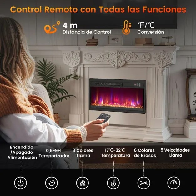 Lareira elétrica encastre 26” de 1500 W com comando à distância Temporizador Termóstato Preto