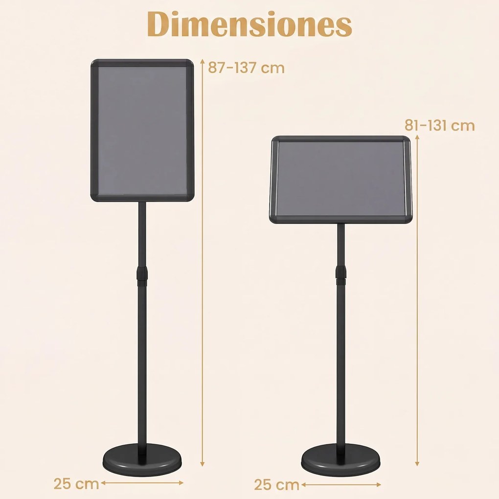 Conjunto de 2 Suportes de Chão para Cartazes A3, 30 x 42 x 87-137 cm, Altura Ajustável, Preto