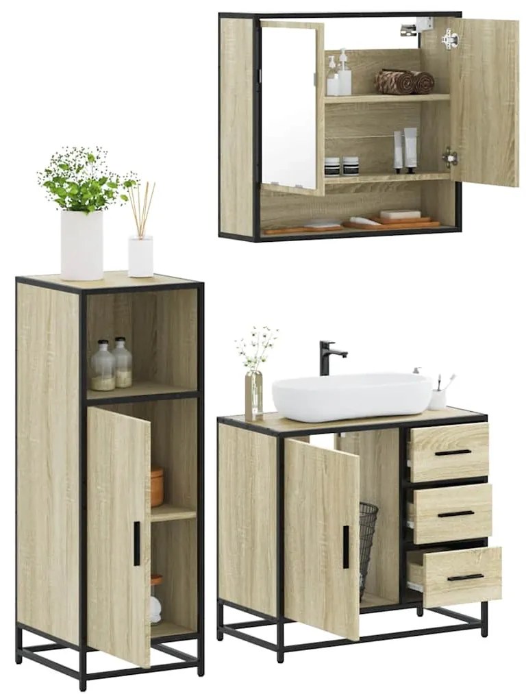 vidaXL 3 pcs conj. móveis casa banho derivados madeira carvalho sonoma