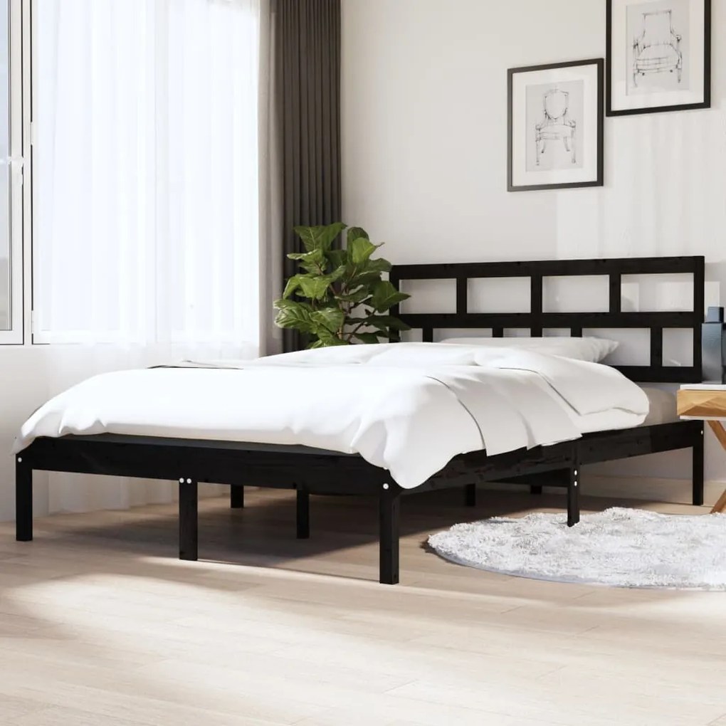 3101197 vidaXL Estrutura de cama casal 135x190 cm madeira maciça preto