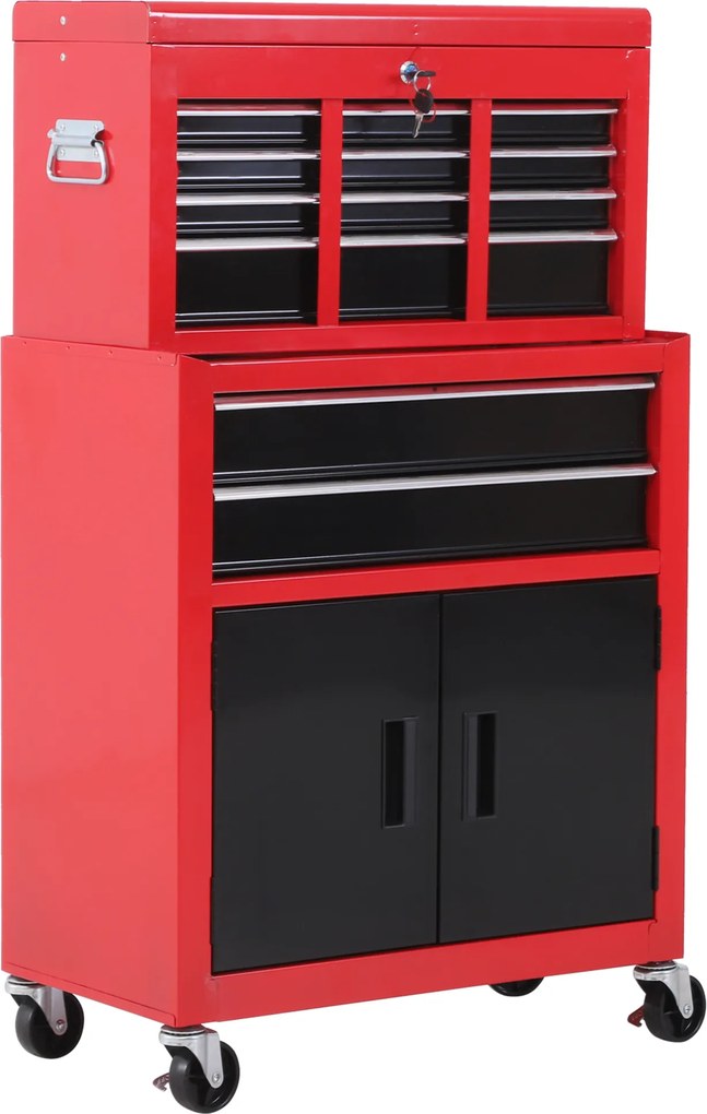 HOMCOM Carrinho de Ferramentas com Baú Superior 6 Gavetas Armário Fechadura e 4 Ganchos para Garagem 61,6x33x108 cm Vermelho | Aosom Portugal