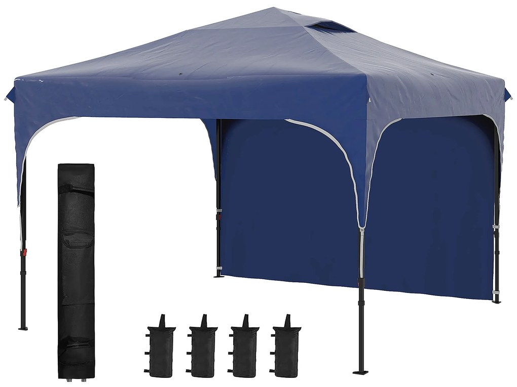 Outsunny Tenda Dobrável com Altura Ajustável 1 Parede Lateral Teto com Ventilação 4 Sacos de Areia e Bolsa de Transporte 3x3 m Azul