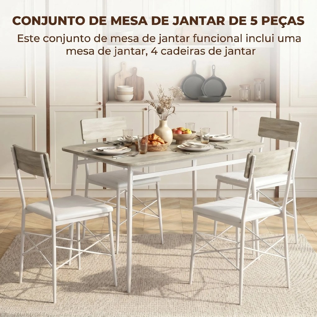 Conjunto de Jantar 5 Peças Mesa de Cozinha Retangular com 4 Cadeiras Acolchoadas 106x66x75 cm Carvalho