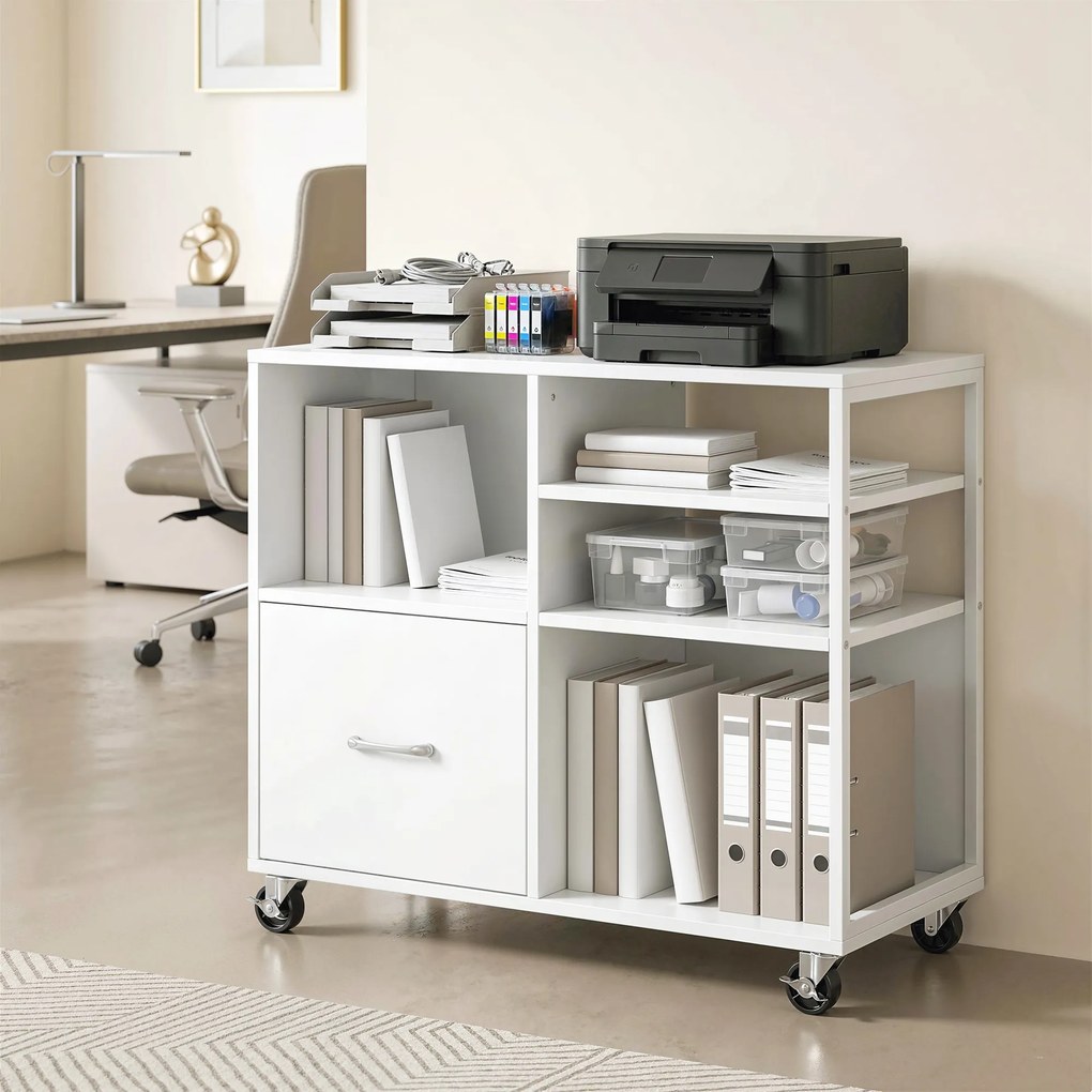 Móvel para Impressora com Rodas Móvel para Escritório com Prateleiras Abertas e Gaveta 80x40x65,5 cm Branco