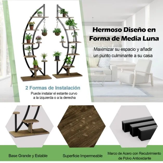 Conjunto de 2 Estantes Metálicas para Plantas 7 Níveis em Forma de Crescente Curvo com Gancho para Varanda 60x30x155 cm Natural