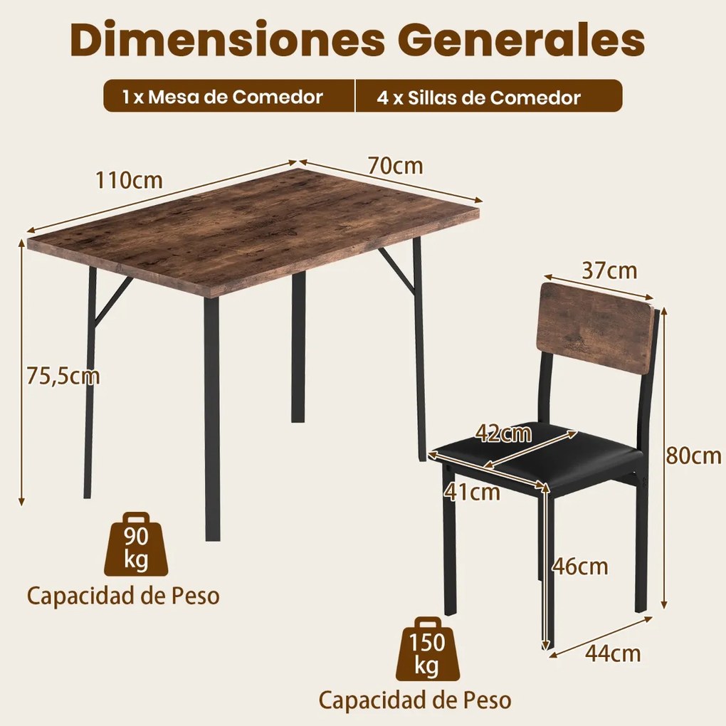 Conjunto de sala de jantar com 5 peças: mesa industrial e 4 cadeiras estofadas com pernas de metal para espaços pequenos Café e Preta