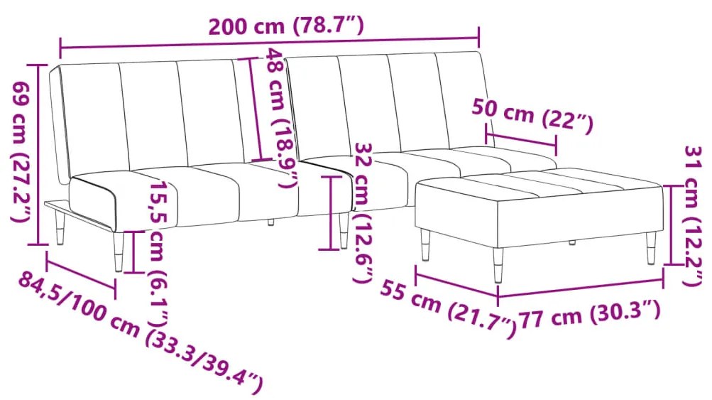 Sofá-cama 2 lugares c/ apoio de pés veludo cinza-claro