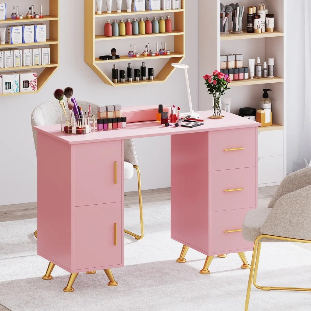 Mesa de manicure com gavetas Apoio para os pulsos Pernas metálicas para salão de beleza 108 x 45 x 76 cm Rosa