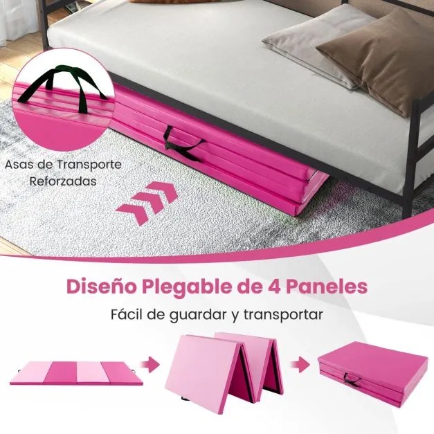 Tapete Ginástica e de exercícios 300 x 117 x 5 cm dobrável de 4 painéis com alças de transporte e Fecho Rosa escuro
