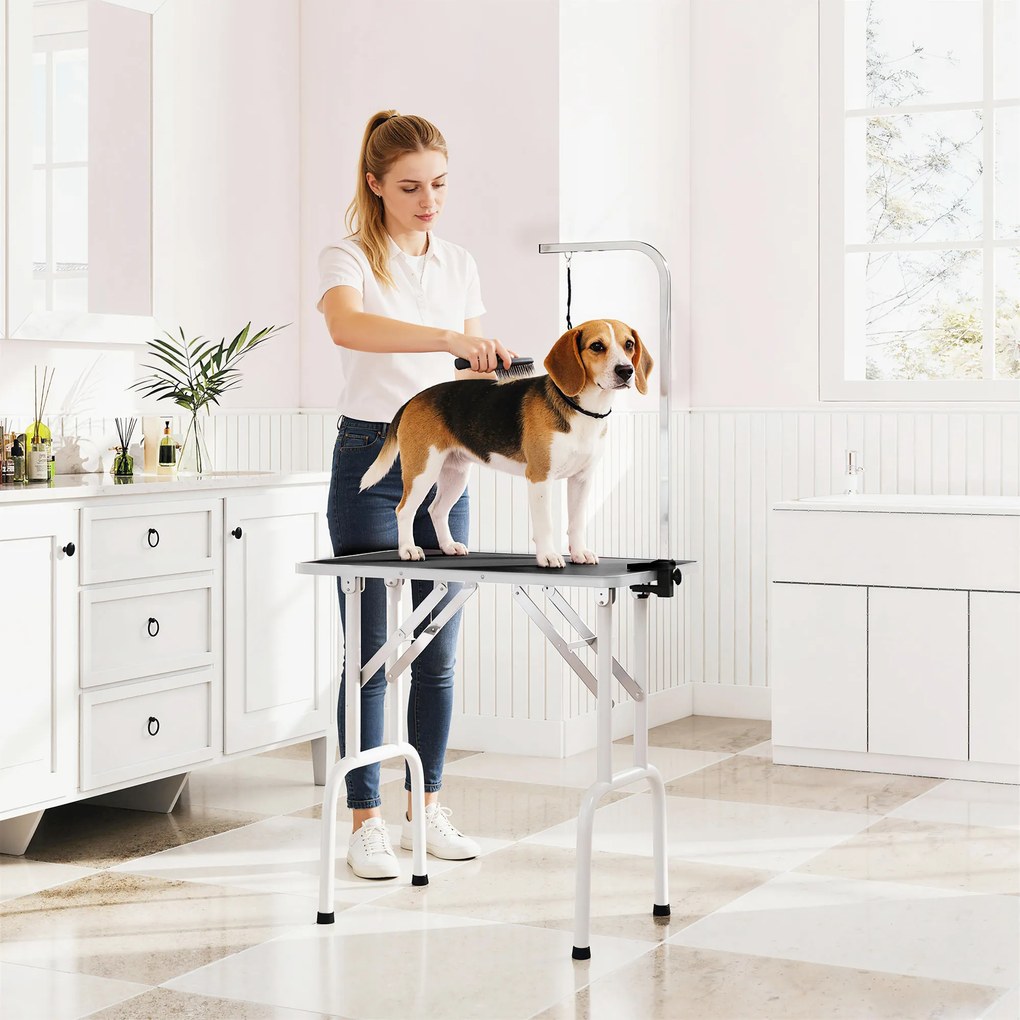Mesa de Tosquia Dobrável para Cães com Tampo Antiderrapante e Braço Ajustável, 81 x 48,5 x 80 cm, Preta