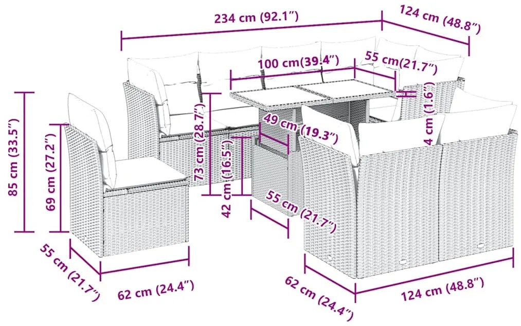 9 pcs conjunto sofás p/ jardim com almofadões vime PE cinzento