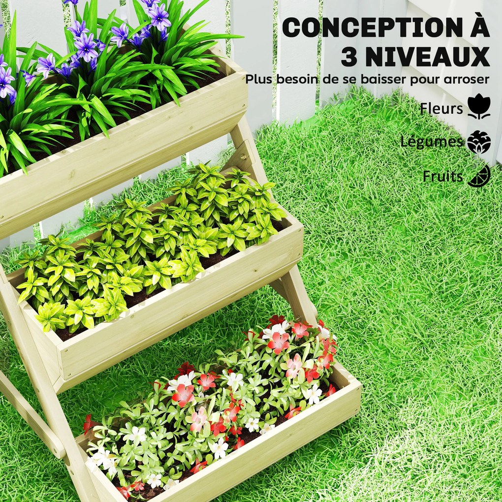 Floreira elevada em madeira com 3 níveis 65 x 75 x 76 cm, prateleira em degraus para plantas com orifícios de drenagem