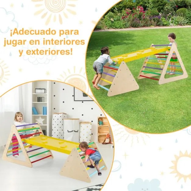 Conjunto de escalada 3 em 1 para crianças 2 escadas triangulares e 1 rampa para deslizar e escalar ponte de madeira multicolorida