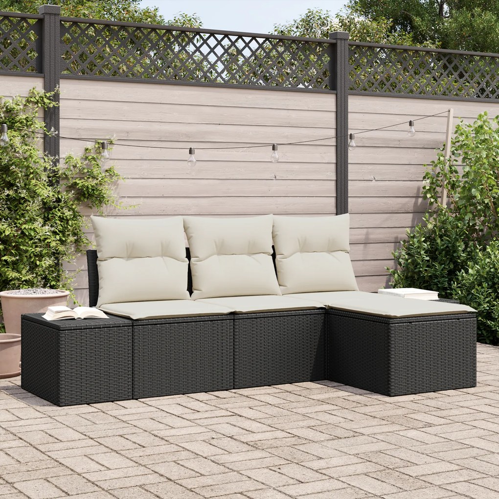 Conjunto de Sofá de Jardim de 4 Peças com Almofadas em Rattan Preto
