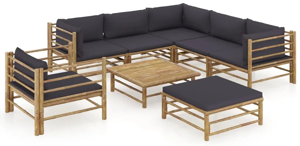 8 pcs conj. lounge jardim em bambu c/ almofadões cinza-escuro