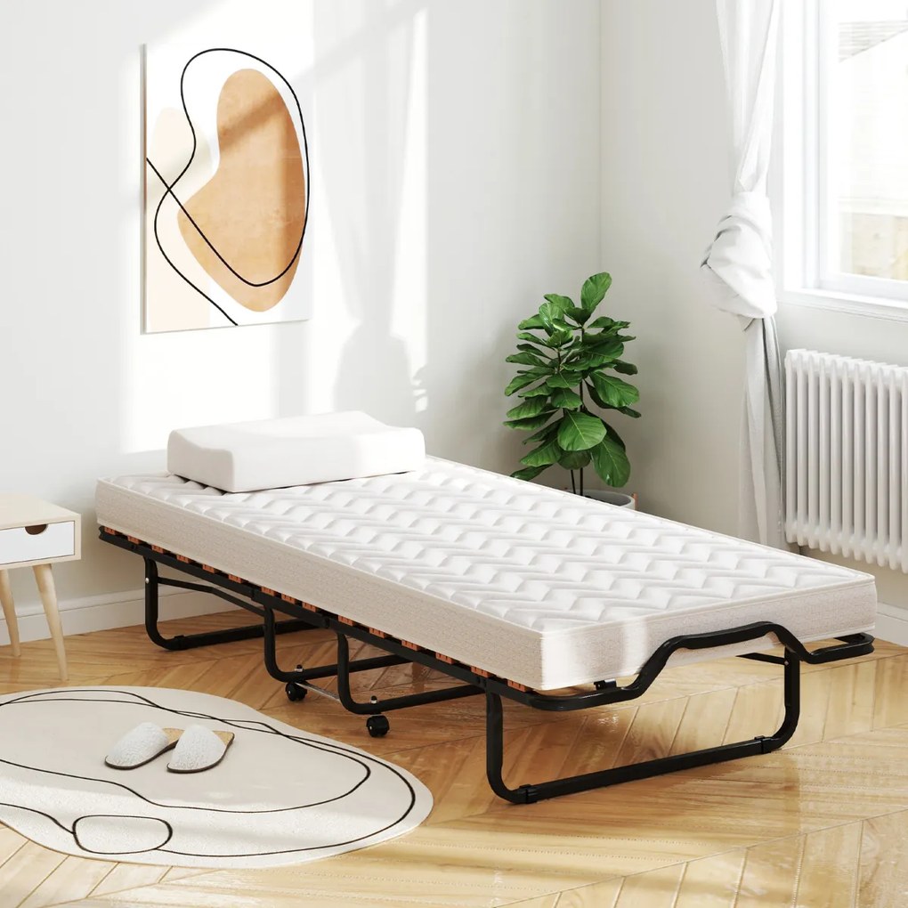 Cama dobrável 80 x 200 cm com rodas e colchão de espuma viscoelástica e fibra hipoalergénica Cama de hóspedes compacta e portátil