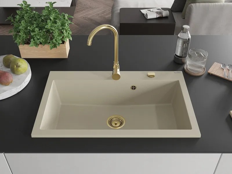 Mexen Elix lava-loiça de granito de 1 bacia 800 x 500 mm, bege, sifão dourado - 6527801005-69-G