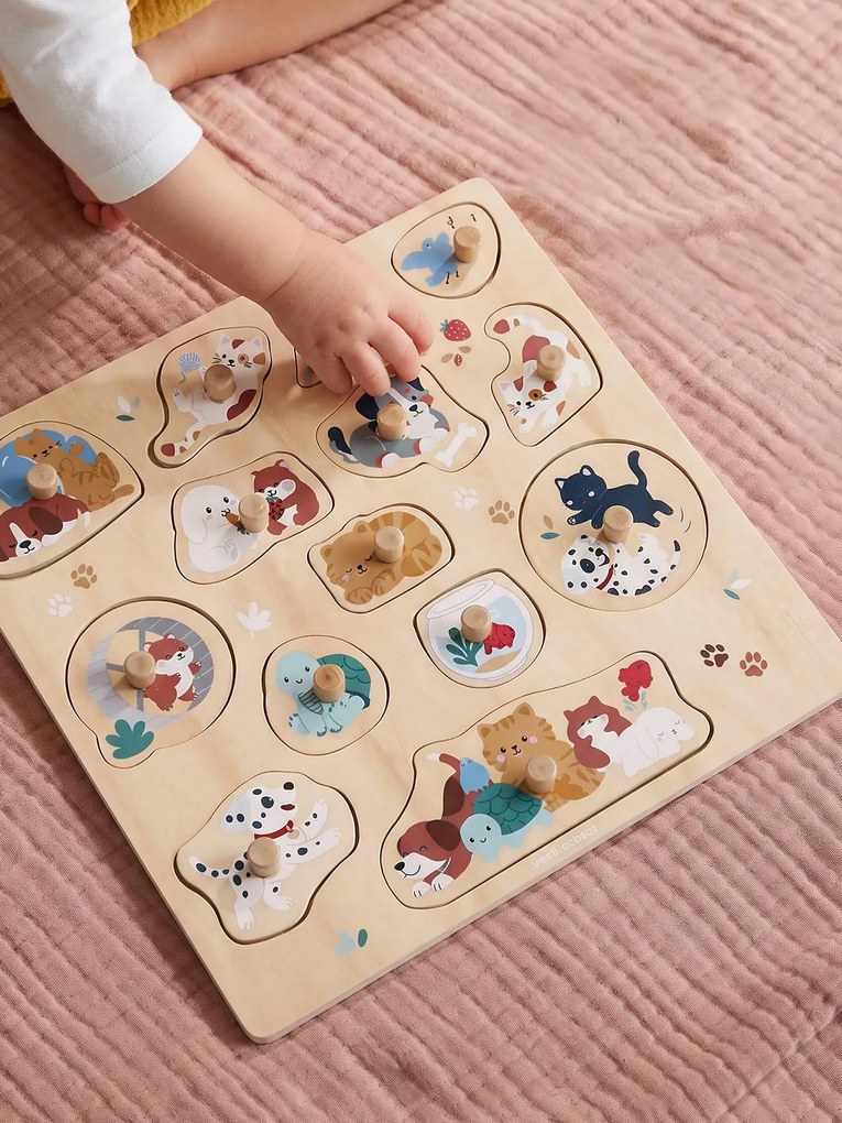 Puzzle com botões de animais em madeira FSC® caramelo
