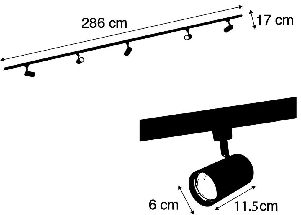 Sistema de iluminação de trilho moderno com 5 focos pretos fumê monofásicos - Iconic Jeana