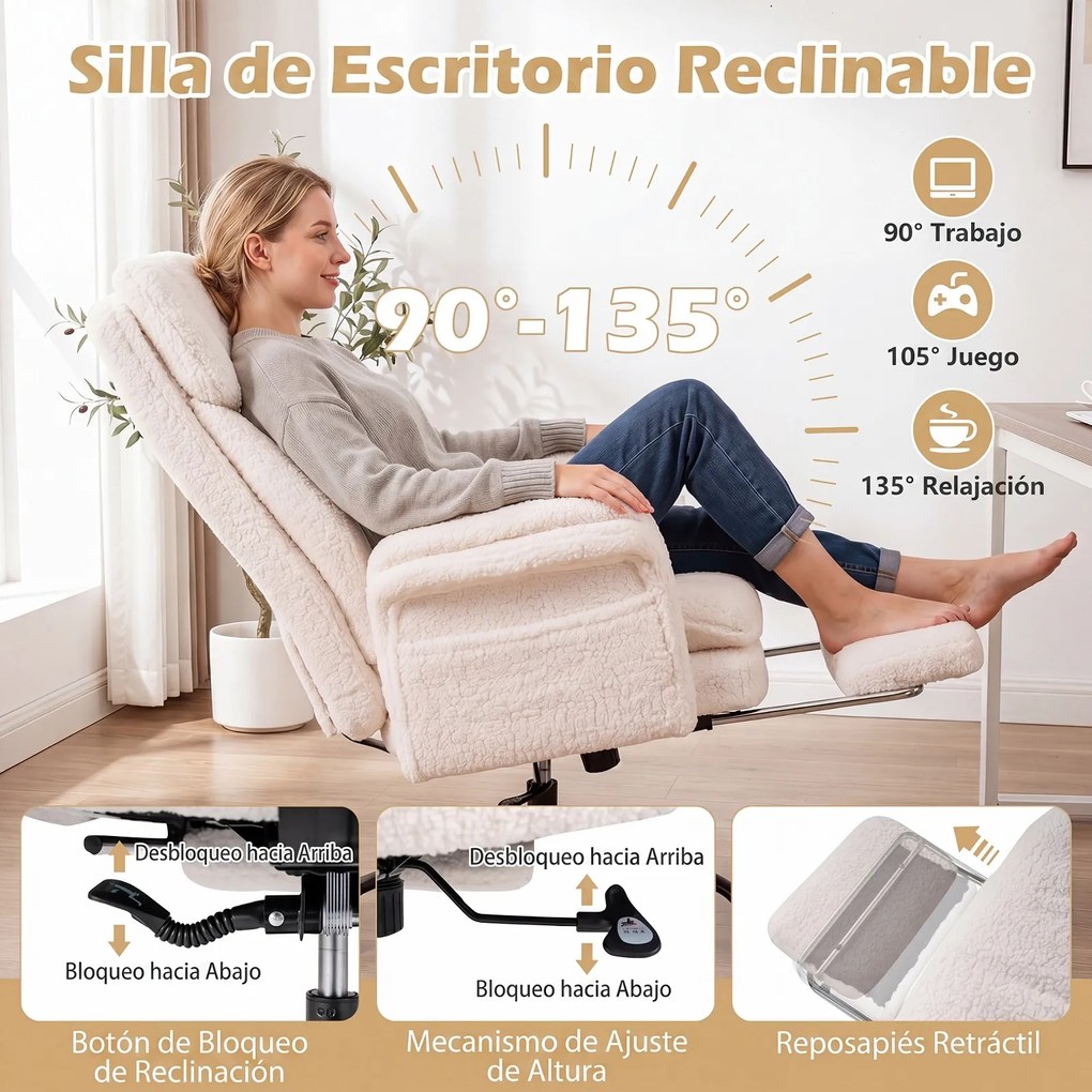 Cadeira de Escritório com Apoio para os Pés, 63-114 x 78 x 118-125 cm, Encosto Reclinável, Branco