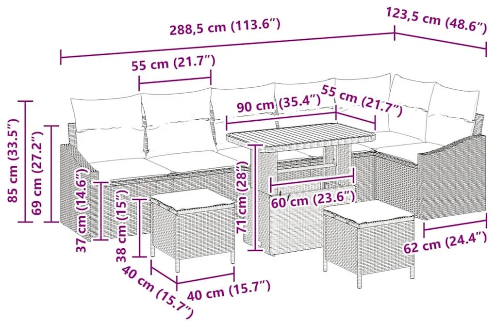 Conjunto de Sofá de Jardim vidaXL 9 Peças com Almofadas Bege Rattan Po