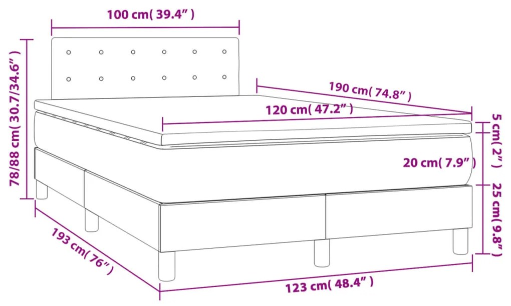 Cama box spring c/ colchão e LED 120x190 cm tecido cor creme