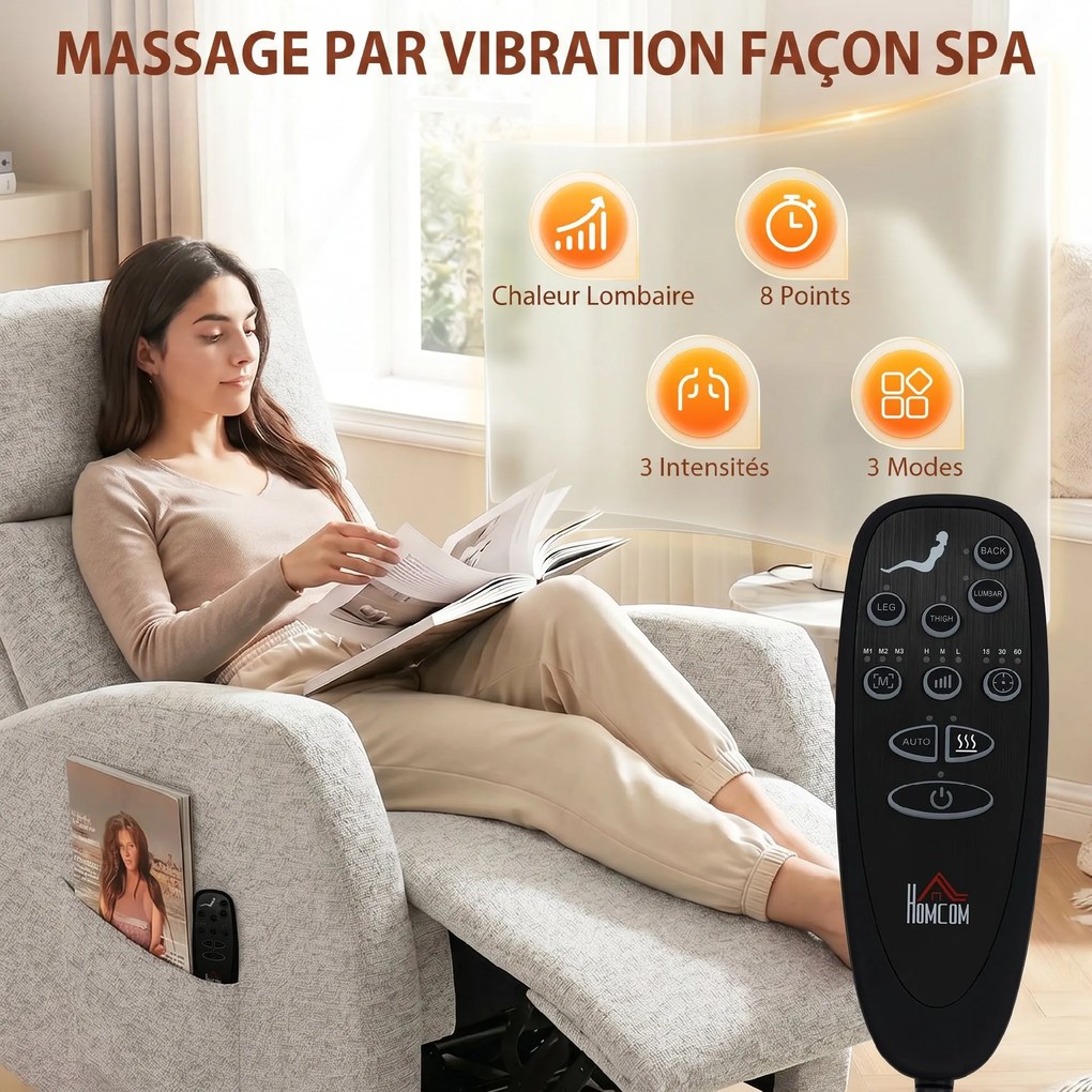 Poltrona Reclinável de Massagem, 163 x 73,5 x 86 cm, Massagem com Calor Lombar, Creme